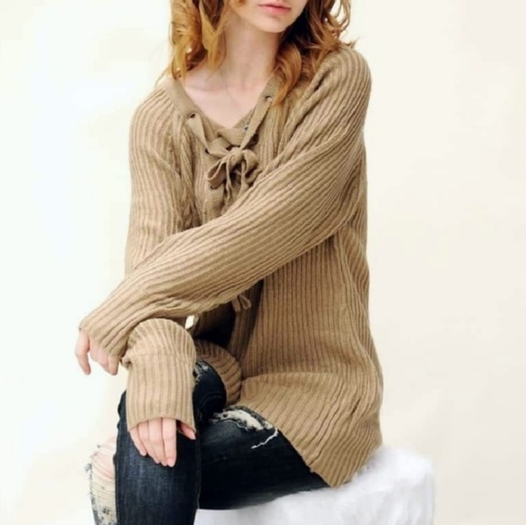 Tan Lace up front sweater - Picture 3 of 4